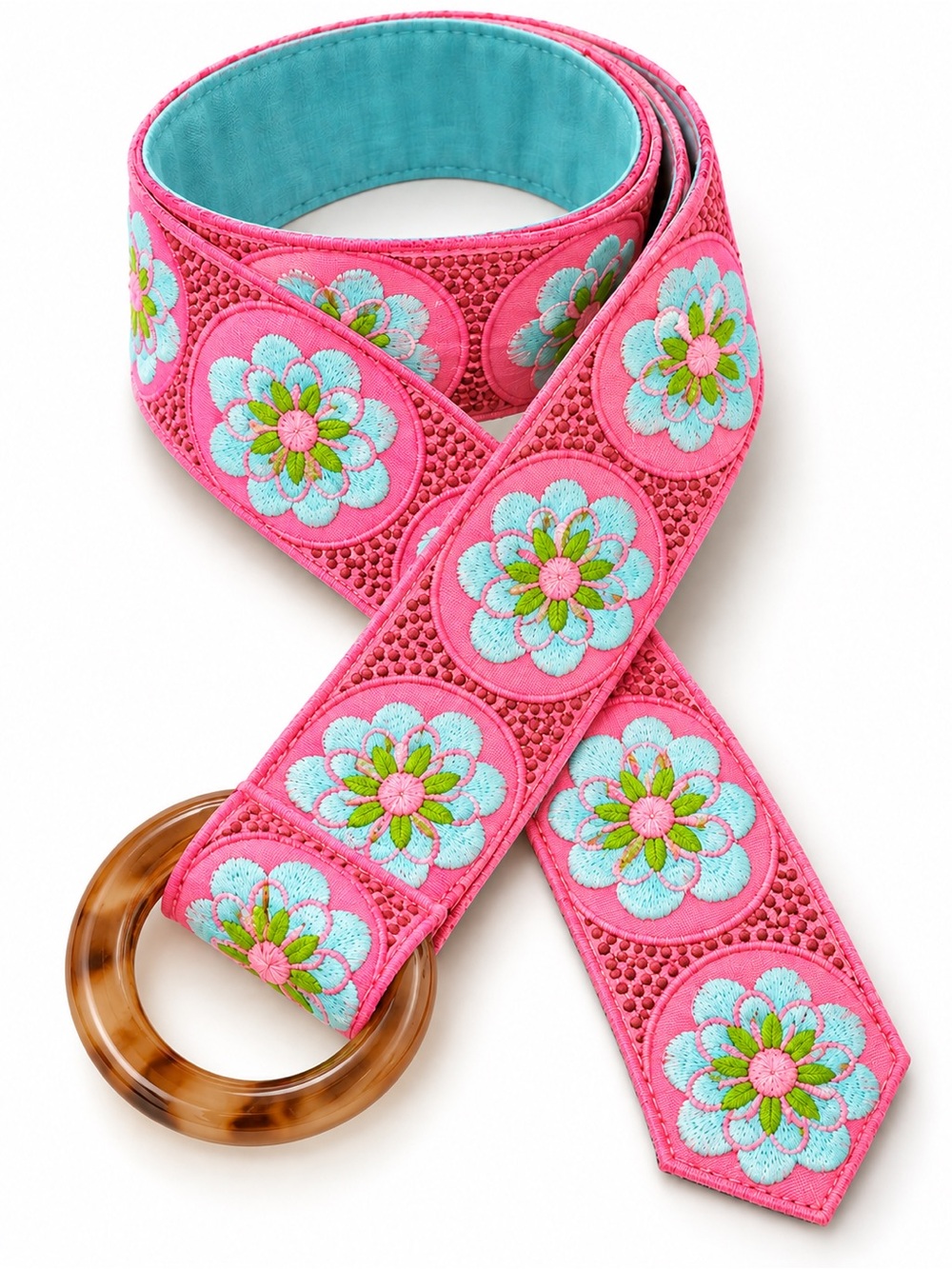 Lilly Pulitzer Style Pink Aqua Floral Embroidered D-Ring Belt Preppy S